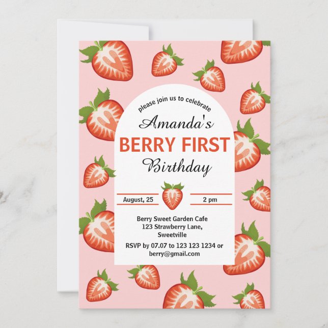 Convite Berry Girl rosa Strawberry (Frente)