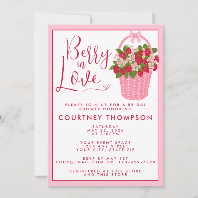 Convite Berry In Love Pink & Red Strawberry Bridal Shower (Frente)