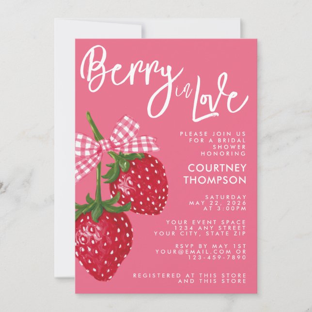 Convite Berry In Love Pink & Red Strawberry Bridal Shower (Frente)