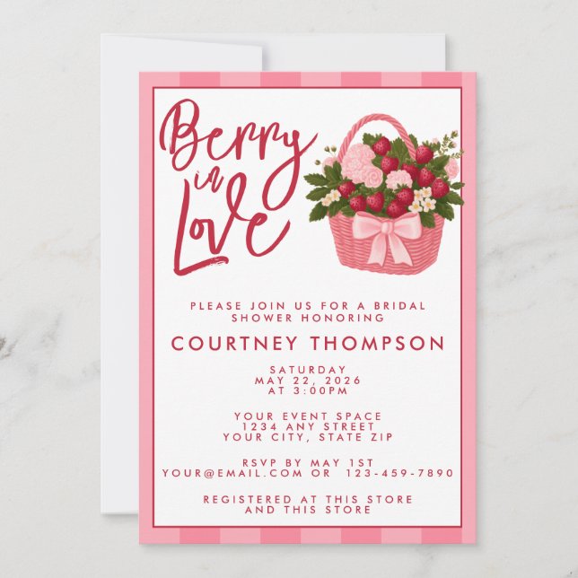 Convite Berry In Love Pink & Red Strawberry Bridal Shower (Frente)