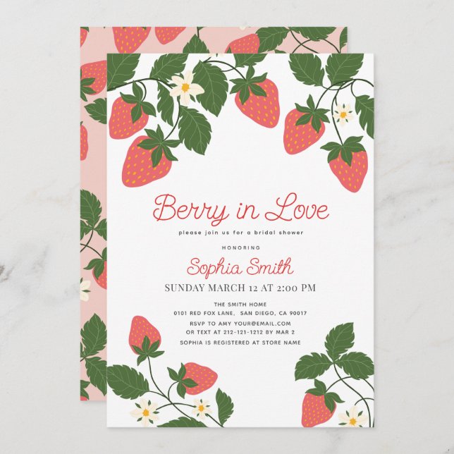 Convite Berry in Love Pink Strawberry Floral Bridal Shower (Frente/Verso)