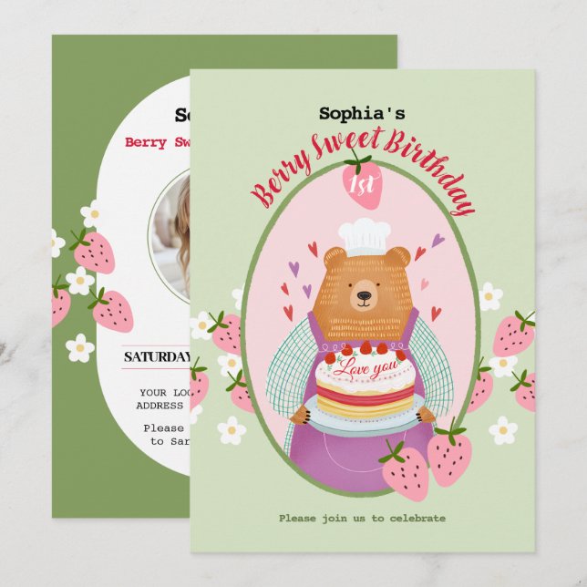 Convite Berry Lovely First Birthday (Frente/Verso)