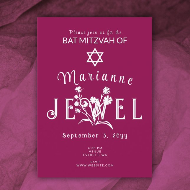 Convite Berry Pink Botânico Bat Mitzvah Flor Selvagem (magenta pink burgundy bat mitzvah floral botanical invitation wild flowers)