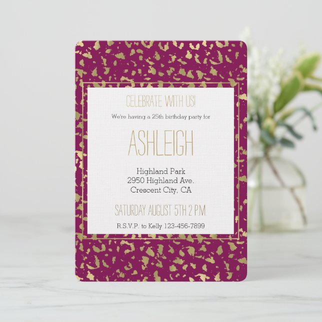 Convite Berry Pink Dourado Lepard (Em pé/Frente)