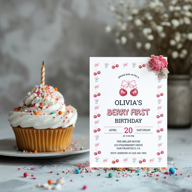 Convite Berry primeiro aniversario Girl Cherry Party (Cherry 1st birthday party invitation)