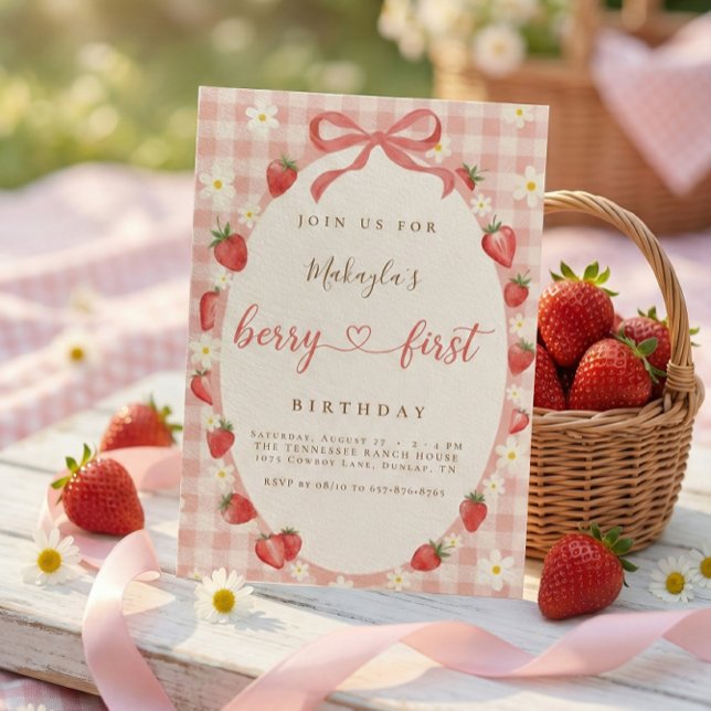 Convite Berry Primeiro Aniversário Morango Rosa Xadrez (Criador carregado)