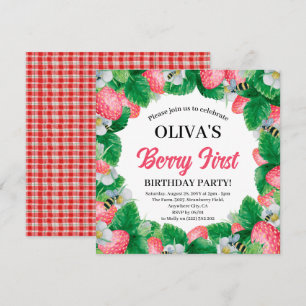 Convite Berry Primeiro Aquarela Morango 1º Aniversário Em
