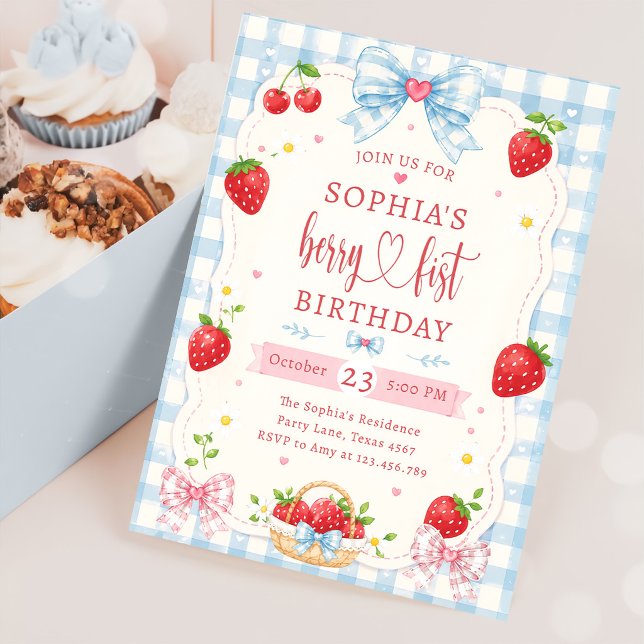 Convite Berry Primeiro Fofo Aniversário de 1 ano Morango  (Criador carregado)