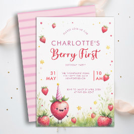 Convite Berry Primeiro Morango Rosa Aniversário de 1 ano