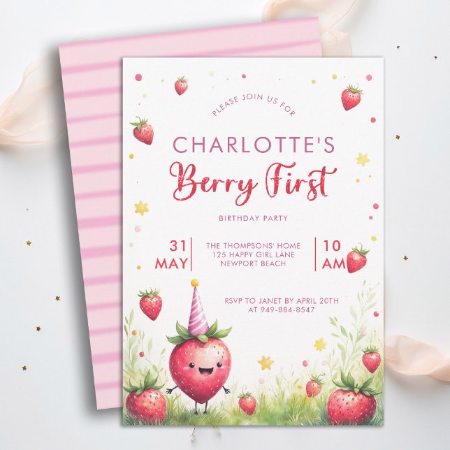 Convite Berry Primeiro Morango Rosa Aniversário de 1 ano (berry first birthday party invitation girls cute strawberry 1st watercolor farmhouse cottage patch)