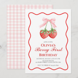 Convite Berry Primeiro Morango Rosa Laço 1º aniversário
