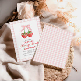 Convite Berry Primeiro Morango Rosa Laço 1º aniversário