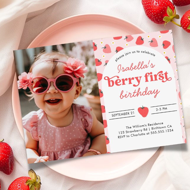 Convite Berry, Primeiro Partido do primeiro aniversario de (Beery First Photo Birthday Invite)