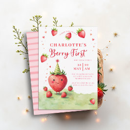 Convite Berry Primeiro Patch Adorável de Morango Aniversár