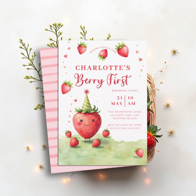 Convite Berry Primeiro Patch Adorável de Morango Aniversár (berry first birthday party invitation girls cute strawberry 1st watercolor summer farmhouse cottage )