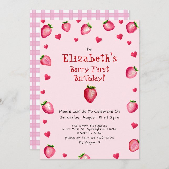 Convite Berry Rosa Primeiro Aniversário Verão de Morango (Frente/Verso)