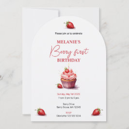 Convite Berry Rosa Primeiro Cupcake de Aquarela