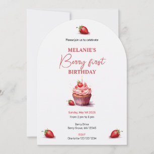 Convite Berry Rosa Primeiro Cupcake de Aquarela