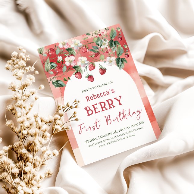 Convite Berry Rustic Red Strawberry Primeiro Aniversário (Criador carregado)