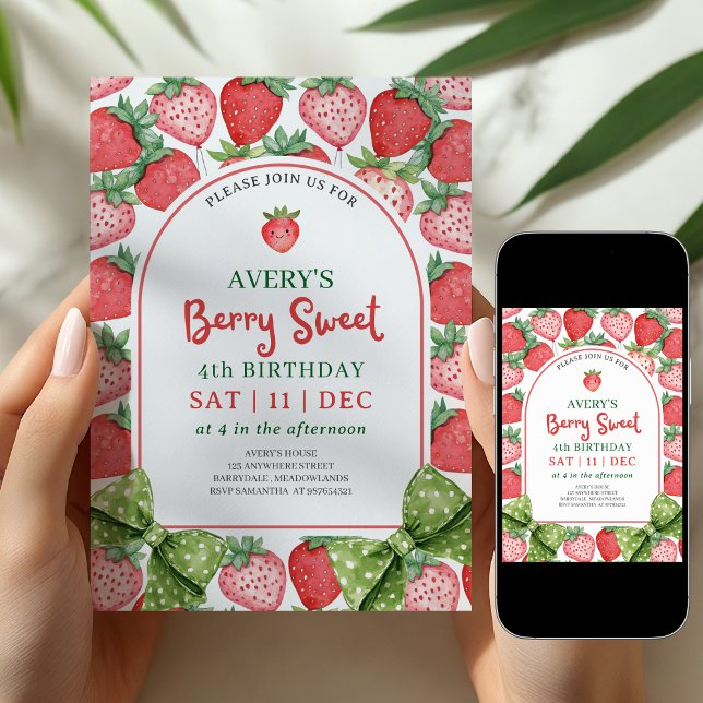 Convite Berry Sweet 4th Birthday Strawberry Invitation (Criador carregado)