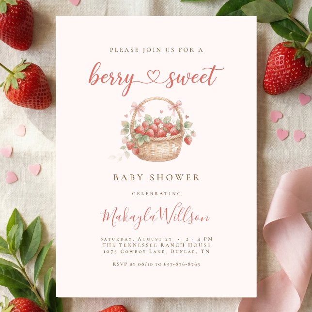 Convite Berry Sweet Baby shower Strawberry Coquette  (Criador carregado)