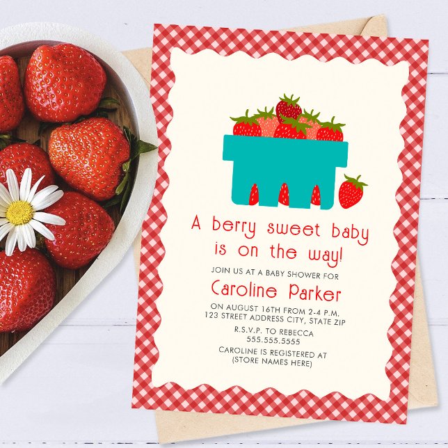 Convite Berry Sweet Baby Strawberry Basket Gingham (Criador carregado)