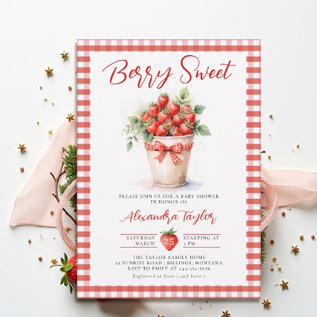 Convite Berry Sweet Berries Art Garden Gingham Baby Shower (berry sweet baby shower invitation fruit strawberry theme art watercolor summer garden gingham)