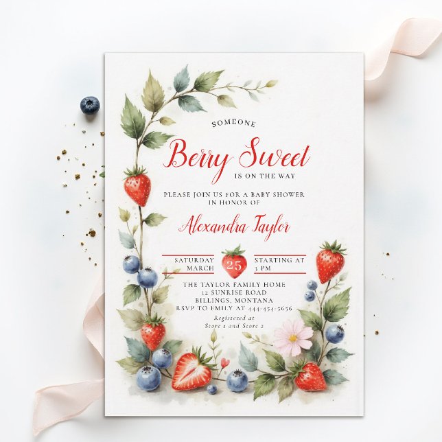 Convite Berry Sweet Berries Garden Summer Chic Baby Shower (berry sweet baby shower invitation fruit strawberry theme art watercolor summer garden watercolor)