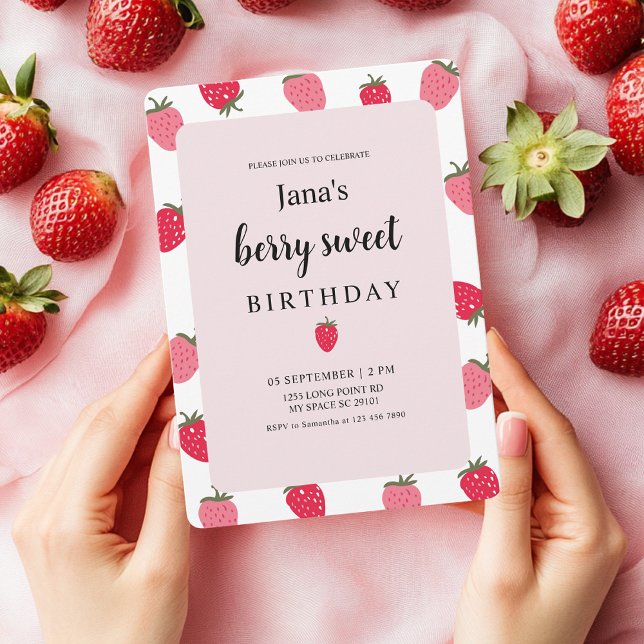 Convite Berry Sweet Birthday | Strawberry-Themed (Criador carregado)