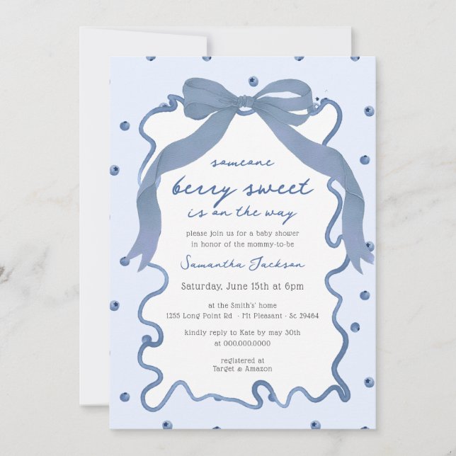 Convite Berry Sweet Blueberry Bow Hand Drawn Baby Shower (Frente)