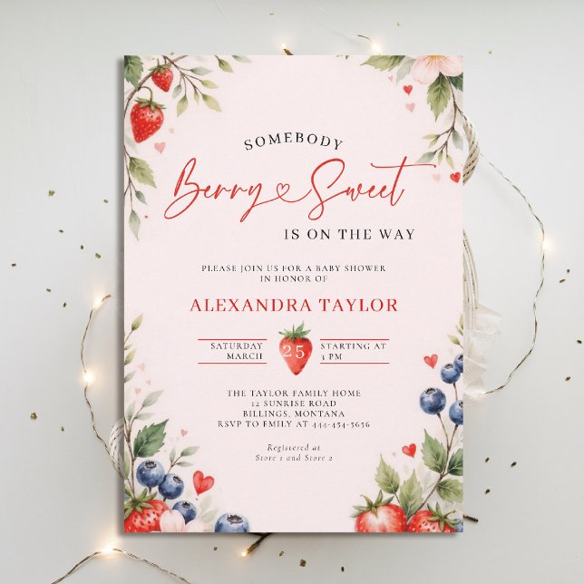 Convite Berry Sweet Botanical Berries Pink Baby Shower (berry sweet baby shower invitation fruit theme strawberry berries botanical watercolor pink)