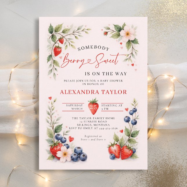 Convite Berry Sweet Botanical Berries Pink Baby Shower (berry sweet baby shower invitation fruit theme strawberry blueberry berries botanical watercolor)