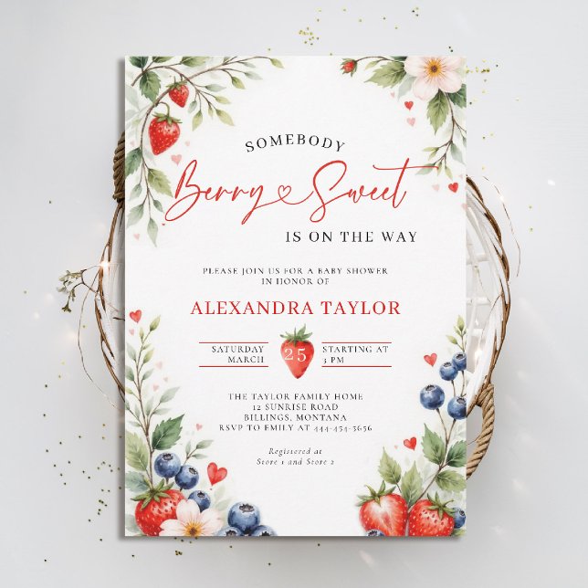 Convite Berry Sweet Botanical Berries Script Baby Shower (berry sweet baby shower invitation fruit theme strawberry berries botanical watercolor spring summer)