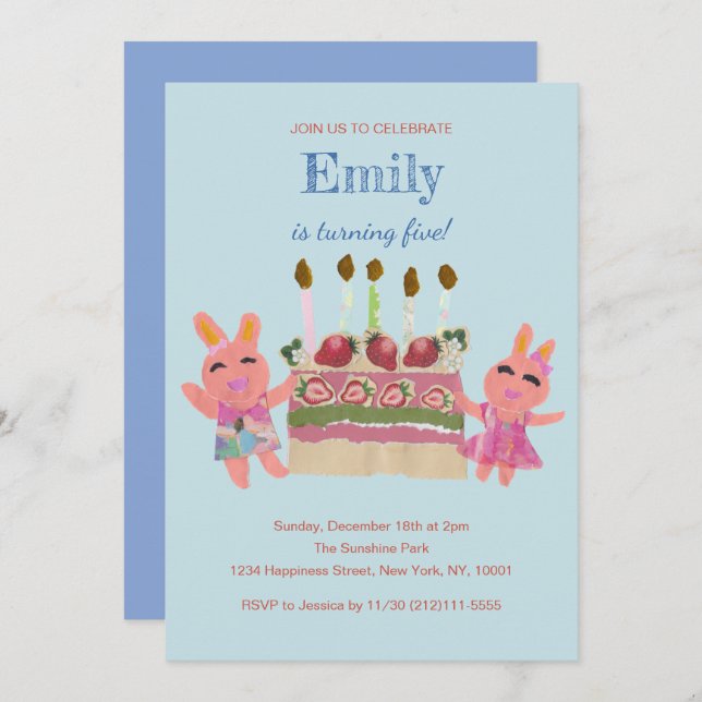 Convite Berry Sweet Bunny Buddies| Blue Birthday (Frente/Verso)