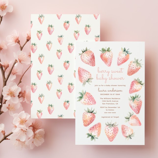 Convite Berry Sweet Chá de fraldas - Morangos A Aquarelas (Berry sweet baby shower invitation front & back. Pink coquette watercolor strawberries, script font)