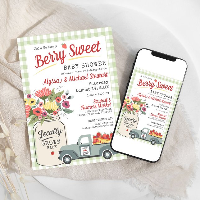 Convite Berry Sweet Digital Farmers Market Baby Boy Chá (Sage green gingham farmers market rustic mason jar floral strawberry Berry Sweet Baby Shower digital)