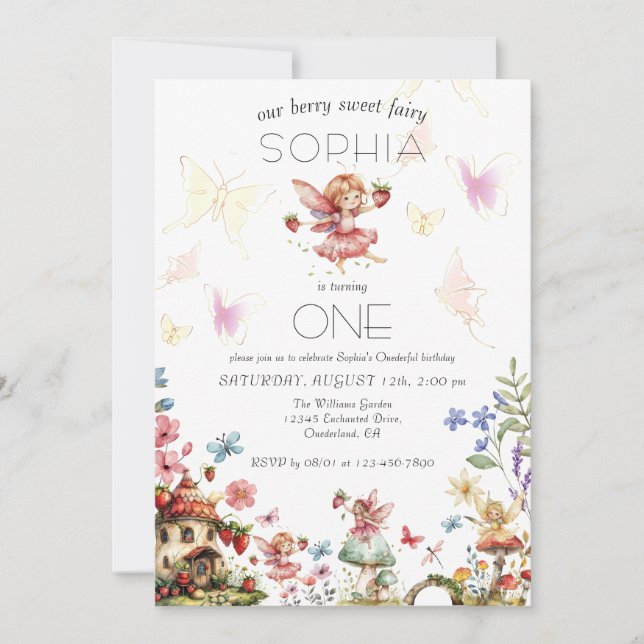 Convite Berry Sweet Fairy Magic Strawberry Garden Aniversá (Frente)