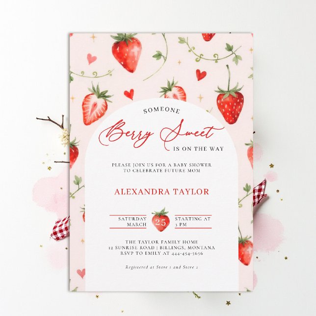 Convite Berry Sweet Farmhouse Art Watercolor Baby Shower (berry sweet baby shower invitation fruit strawberry theme art watercolor garden arch farmhouse)