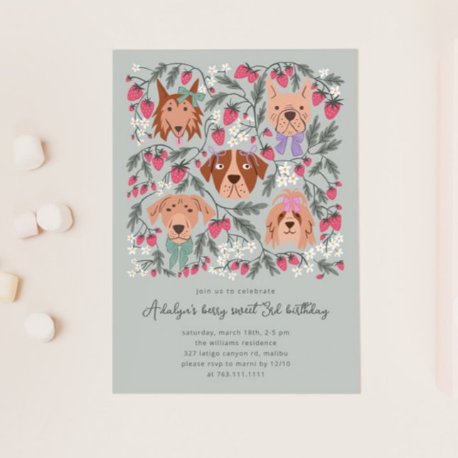 Convite Berry Sweet Festa de aniversário | Cães de Morango (Criador carregado)