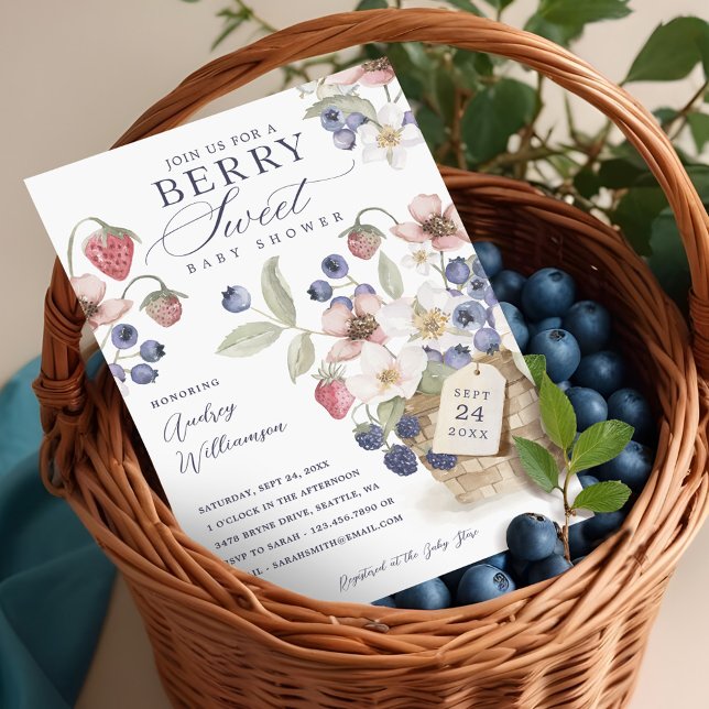 Convite Berry Sweet Floral & Berry Basket Chá de fraldas (Berry Sweet Floral & Berry Basket Baby Shower Invitation)