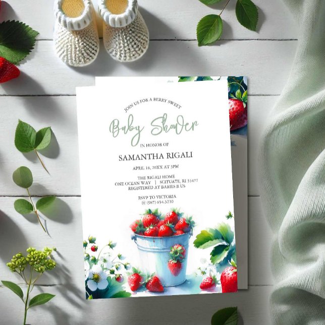 Convite Berry Sweet Gênero Neutro Chá de fraldas (Summer baby shower invitations front gender neutral watercolor strawberries Do Tell A Belle)