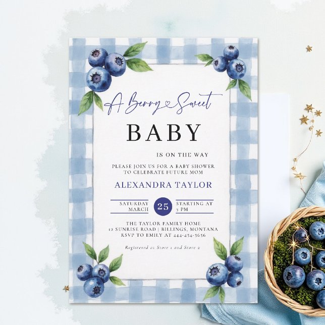 Convite Berry Sweet Gingham Blue Farm Chic Baby Shower (berry sweet baby shower invitation boy blue blueberries rustic farmhouse cottage watercolor gingham)