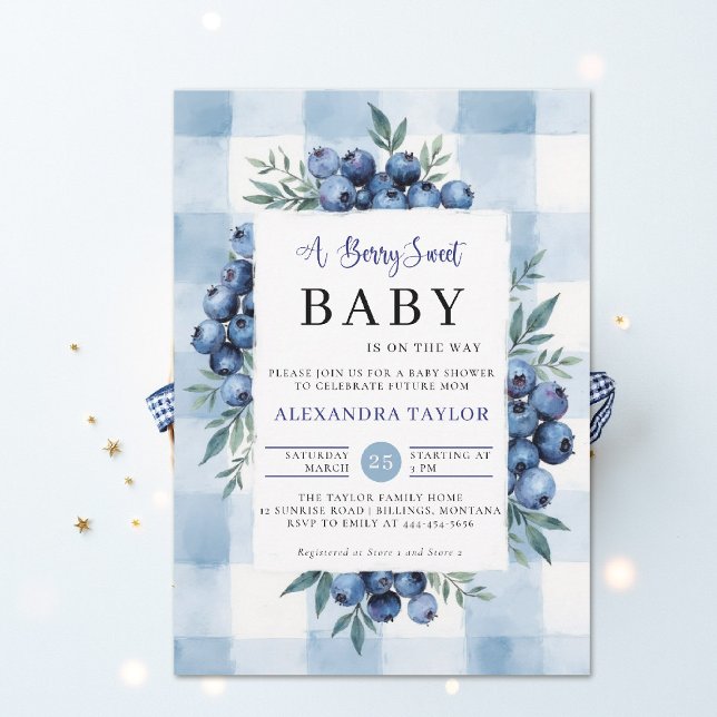 Convite Berry Sweet Gingham Blueberries Baby Shower (berry sweet baby shower invitation boy blue blueberries rustic farmhouse chic watercolor gingham)