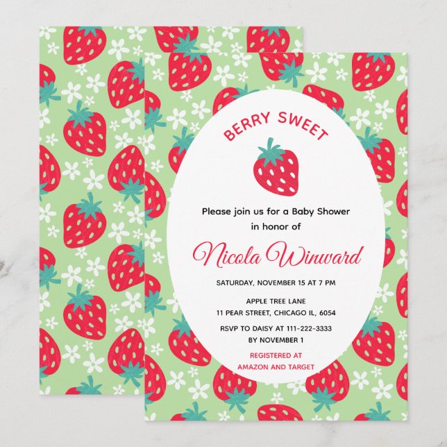 Convite Berry Sweet Green Strawberry Baby Shower (Frente/Verso)