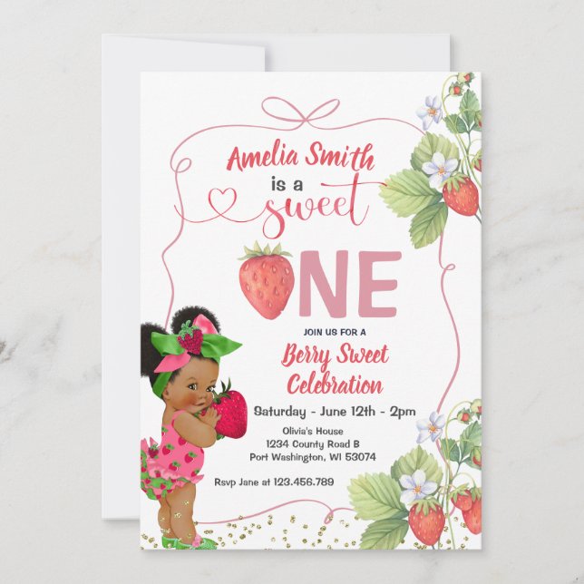 Convite Berry Sweet ONE Strawberry primeiro aniversario pu (Frente)
