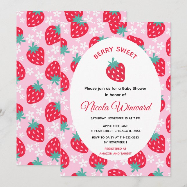 Convite Berry Sweet Pink Strawberry Baby Shower (Frente/Verso)