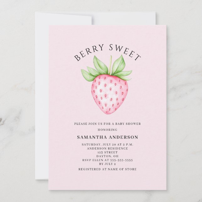 Convite Berry Sweet Pink Strawberry Girl Baby Shower (Frente)