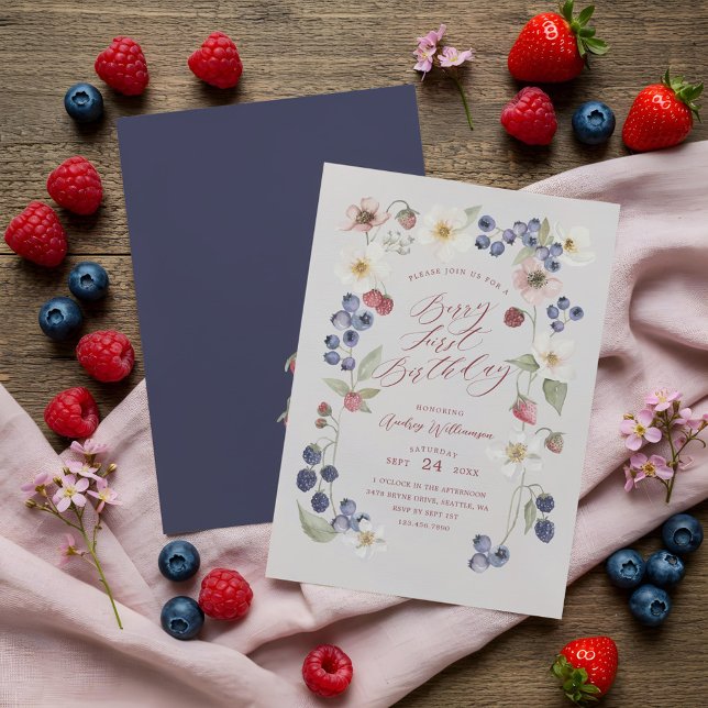 Convite Berry Sweet Primeiro Aniversário Berries e Flores  (Berry Sweet Fist Birthday Wild Berries & Flowers Invitation)