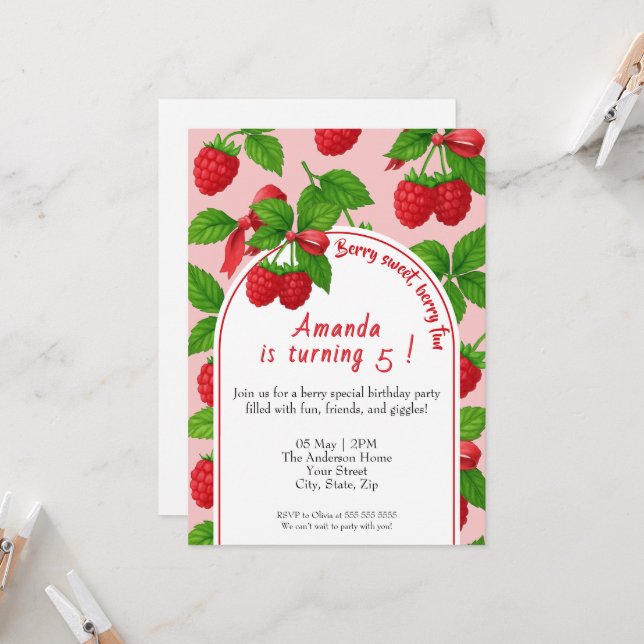 Convite Berry Sweet Raspberry Aniversário de criança Convi (Frente/Verso In Situ)