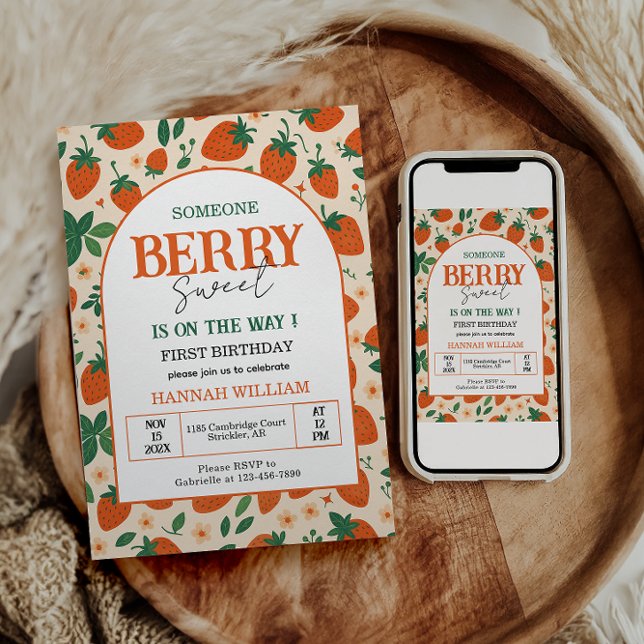 Convite Berry Sweet Strawberry 1st Birthday Party (Criador carregado)